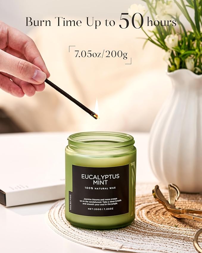 M&SENSE Eucalyptus & Mint Candles for Home Scented, Clean Non Toxic Aromatherapy Candle Gift 7.05oz 50 Hours Burn for Stress Relief Meditation Yoga Relaxing SPA