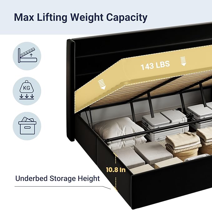 Allewie King Size Velvet Lift Up Storage Bed, Modern Wingback Headboard, Hydraulic Support, No Box Spring Needed, Black