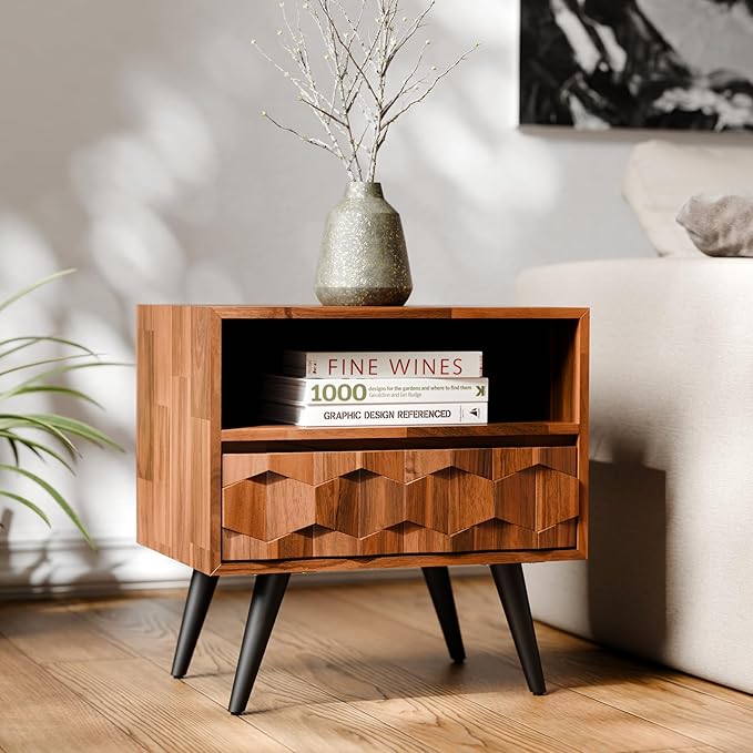 Bme Georgina Solid Wood Nightstand with 1 Drawer & Open Shelf- Fully Assembled Mid Century Modern Side Table - Geometric Pattern Bedside Dresser for Bedroom and Living Room, Dark Chocolate