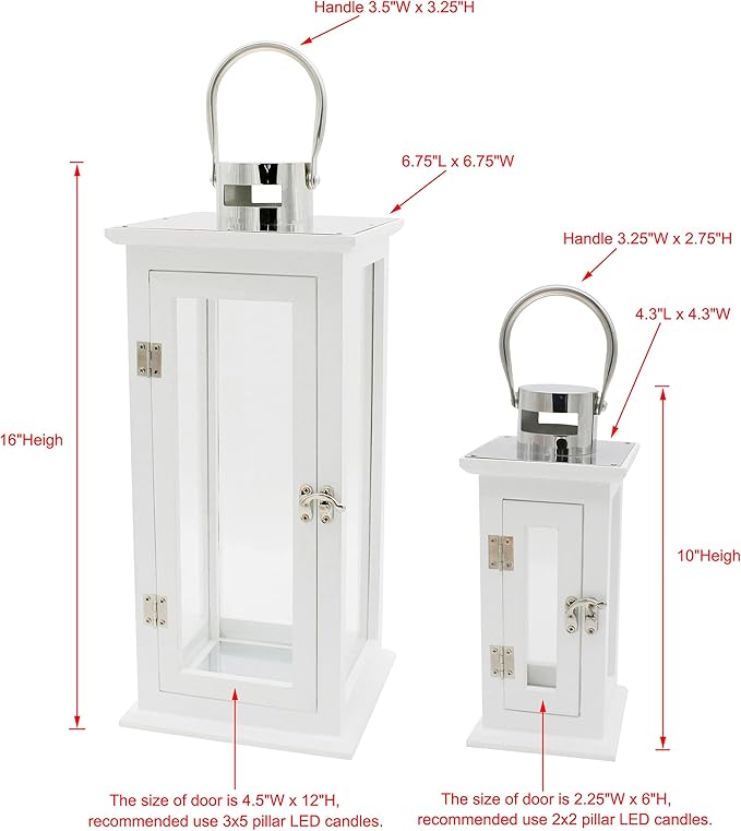 CVHOMEDECO. Decorative Elegant Wood Hurricane Candle Lantern with Stainless Top and Glass Inserts for Home Patio Outdoor Decor. White, Set of 2