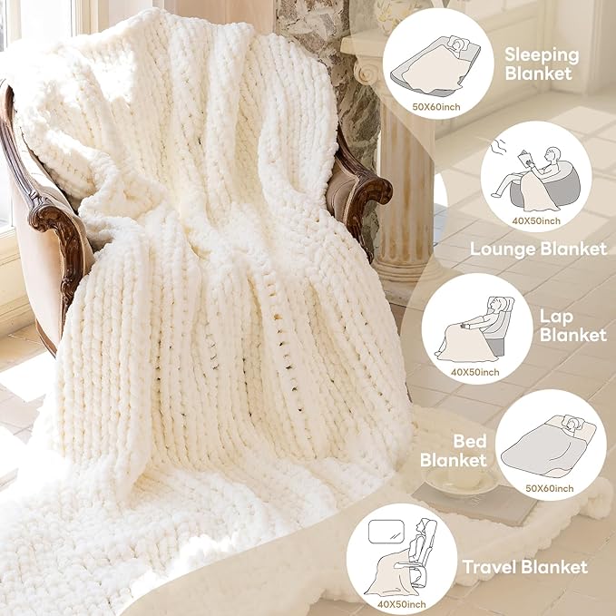 Chunky Knit Blanket - Luxury Soft Cozy 40 * 50 Throw Blanket,100% Woven Blanket Rope Knot Throw Blanket for Couch, Sofa, Home Decor, Gift - Machine Washable（Milk White）