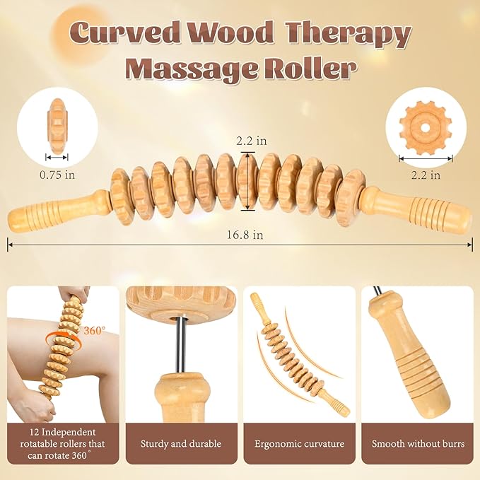 Curved Wood Therapy Massage Roller Tools,Wooden Lymphatic Drainage Massager,Cellulite Massage Tool & Muscle Roller Stick for Cellulite Reduction,Muscle Tension and Body Shaping