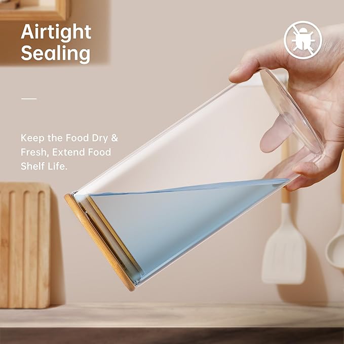 42oz & 27oz - 4 Pack Square Glass Jars with Bamboo Lids, Glass Food Storage Containers with Airtight Lids for Kitchen, Air Tight Pantry Storage Containers for Cereal, Pasta, Rice, Sugar, Coffee, Spice