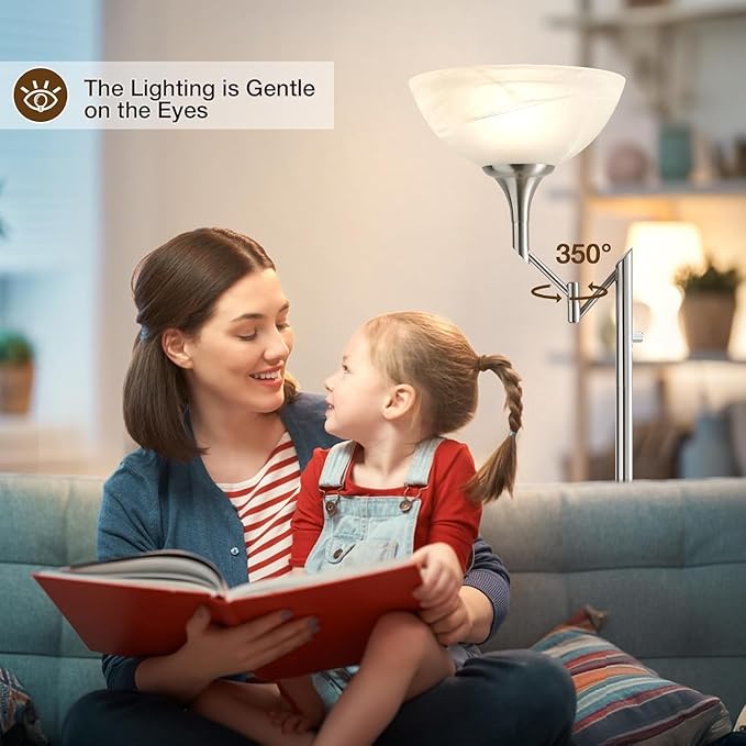 Floor Lamps for Living Room Silver, 70" Tall Standing Lamp with Glass Shade, Bedroom Floor Lamp with 350°Adjustable Swing Arm Lamp, Pole lamp for Bedroom, Living Room, Office, Bulbs Included