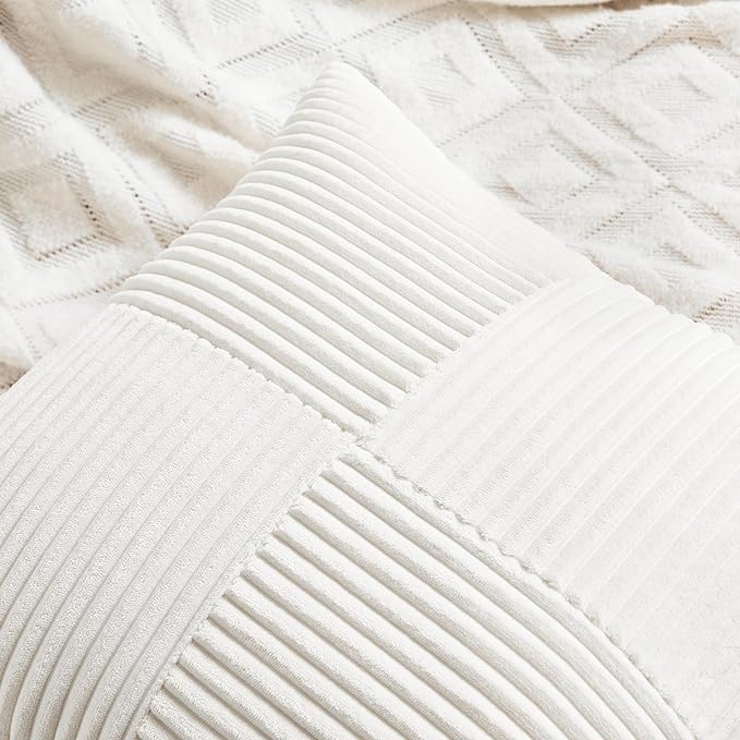 Fancy Homi 2 Packs Cream White Big Decorative Throw Pillow Covers 24x24 Inch for Living Room Couch Bed, Farmhouse Boho Home Decor, Soft Corss Corduroy Patchwork Accent Square Cushion Case 60x60 cm