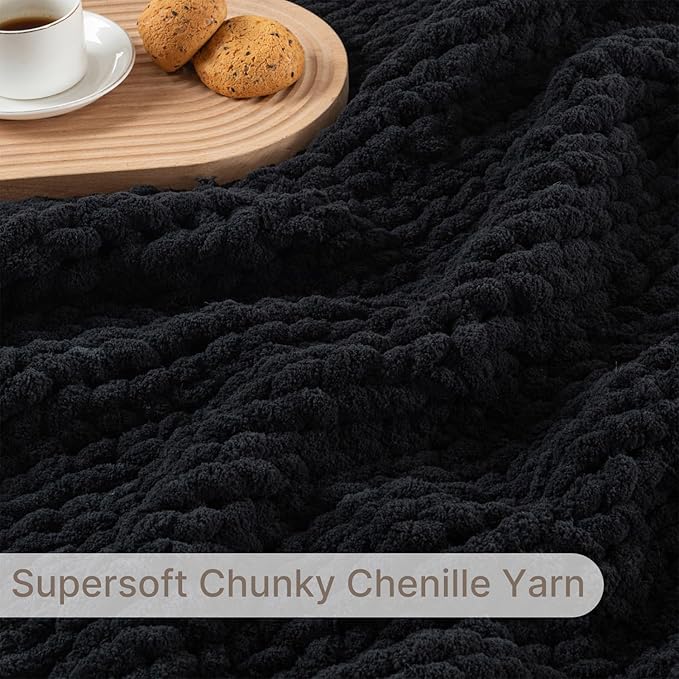 Chunky Knit Blanket Throw, 100% Hand Knit Throw Blanket Handmade Chenille Cable Knit Throw for Couch, Stylish Cozy Soft Rope Knot Crochet Blanket for Home Decor, Black, 50x60 Inches