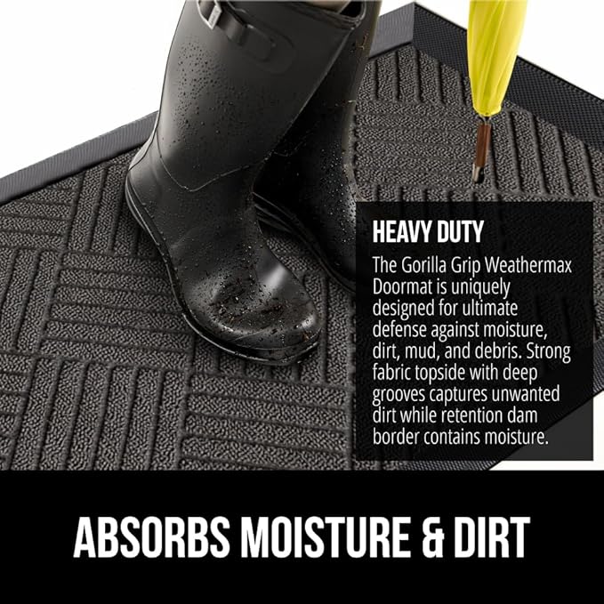 GORILLA GRIP 100% Waterproof All-Season WeatherMax Doormat, 34x58, US Designed Natural Rubber, Stain and Fade Resistant, Low Profile Indoor Outdoor Door Mats, Easy Clean Patio Mat, Gray Diamond
