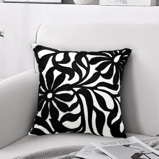 Alysheer Farmhouse Floral Leaves Embroidered Decorative Throw Pillow Cover 18x18 inches, Boho Tufted Flowers Embroidery Pattern Chic Cotton Cushion Case for Couch Bed Sofa Living Room(Black)