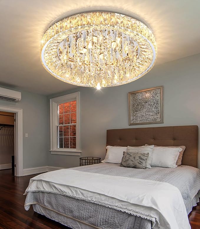 23.6'' Modern Crystal Chandeliers LED Dimmable Flush Mount Ceiling Chandeliers for Living Room Entrance Foyer Bedroom Silver