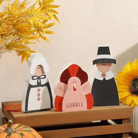 Amorita Fall Thanksgiving Decorations Wooden Turkey Pilgrim Couple Table Sign 3 Pcs Fall Thanksgiving Decor Standing Tabletop Sign Decor for Autumn Harvest - W