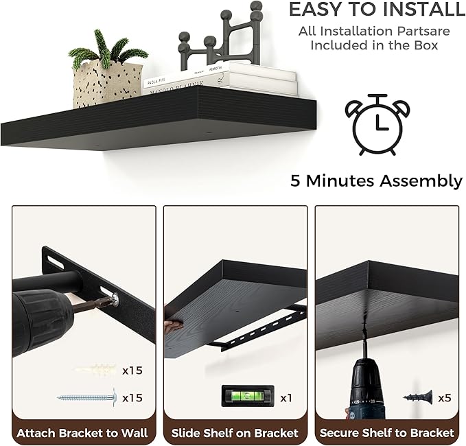 Floating Shelves - 2 Large Wall Mounted Shelves with Invisible Brackets, Long Wood Floating Wall Shelf for Living Room, Bedroom, Kitchen (Black, 24" W x 9" D x 1.5" H)