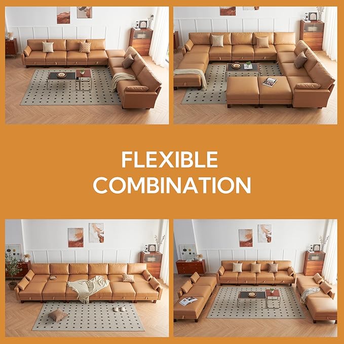 U-Shape Modular Sofa Couch 128" Modern 4-Seat Sofa with Chaises, Upholstered Sectional Couch with Wood Square Legs for House, Living Room, Reception Room, Apartment, Tan