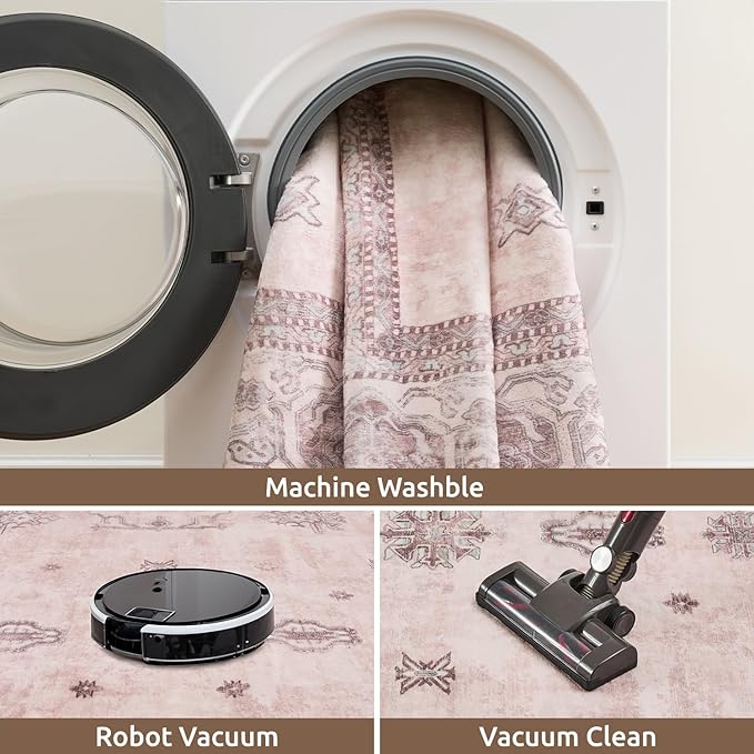 AMOAMI-Vintage Area Rug 8X10 Pink Rugs for Living Room-Soft Living Room Rug Non Slip Rugs for Bedroom Carpet Machine Washable Rug for Dining Room Bedside Office Room Decor