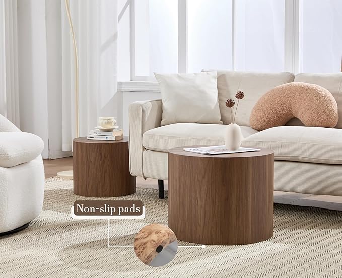 CIMOTA Round Wood Nesting Coffee Table Set of 2, Modern Circle Travertine End Side Table Sets for Living Room, Walnut Wooden Color/No Assembling