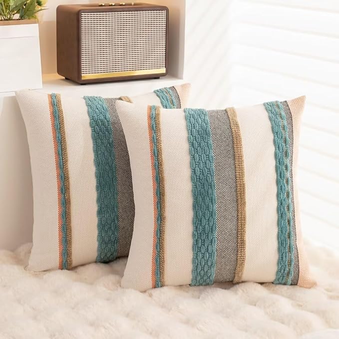 Boho Throw Pillow Covers 18x18 Set of 2 Farmhouse Decorative Cushion Case Striped Square Pillows Cover Chenille Pillow Cases Accent Neutral Pillowcase for Sofa Couch Bed,Blue