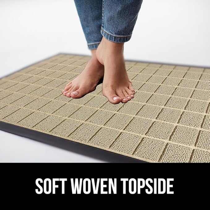 GORILLA GRIP 100% Waterproof All-Season WeatherMax Doormat US Designed Natural Rubber, Stain and Fade Resistant, Low Profile Indoor Outdoor Door Mats, Easy Clean Patio Mat, 23x35, Taupe Grid