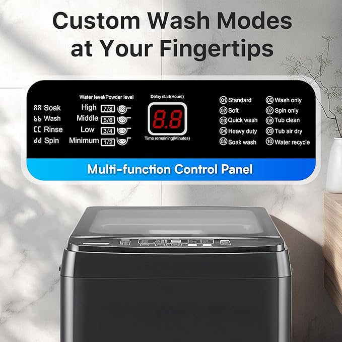 Portable Washing Machines 27 LBS Full Automatic Clothes Washer and Spinner Combo with 10 Program and 8 Water Level, Compact Laundry Wash Spin Dryer for Apartment RV Dorm, Grey