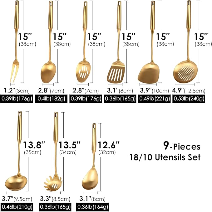 Gold Kitchen Utensils Set - 18/10 Stainless Steel Cooking Tools, 15" All Metal Serving Utensils with Fork, Solid/Slotted Spoon, Spatula, Ladle, Skimmer, Tunner, Pasta Spoon, Large Spoon, Set of 9