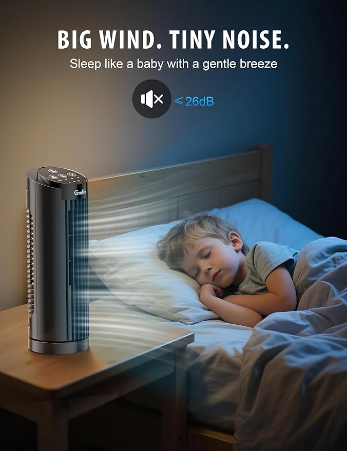 Grelife 13'' Tower Fan for Bedroom, 26dB Quiet Floor Fan with Remote, 3 Mode, 1-8H Timer, 90° Oscillating Fans for Indoors with 27ft/s Velocity, Portable Desk Table Fan for Room, Home, Office,Black