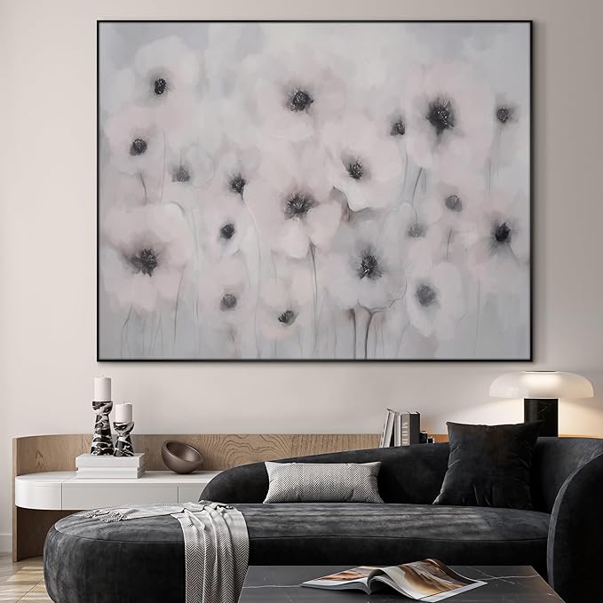 36"x46" Extra Large Framed Wall Art Soft White Poppies Watercolor Floral, Delicate Botanical for Home Living Room Bedroom Decor (Frame Assembly Required)
