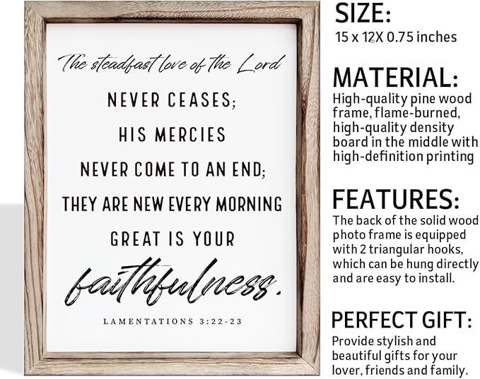 Christian Wooden Wall Signs, Living Room Decor, Home Church Decor for Room, Framed Wall Plaque Sign 15 * 11.5 inches, The Steadfast Love of the Lord Never Ceases Sign
