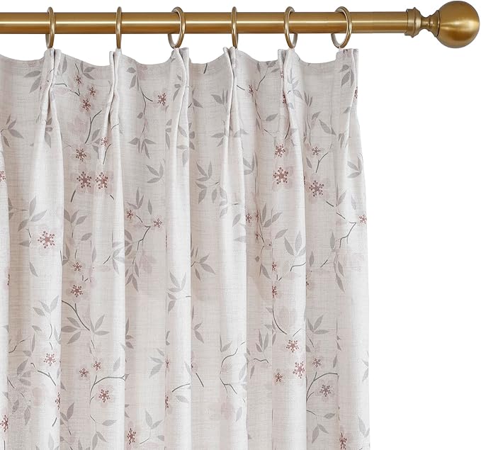 Pink Floral Pinch Pleated Linen Curtains - 2 Panels of Privacy Light-Filtering Printed Curtains Suitable for Dining Rooms and Farmhouses.60 Inches Wide by 102 Inches Long