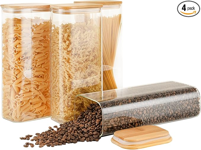 71oz Rectangle Airtight Glass Storage Containers with Bamboo Lids (Set of 4), Square Food Storage Jar, Pantry Organizers for Sugar, Flour, Spaghetti and Coffee beans (‎with Black Lable)