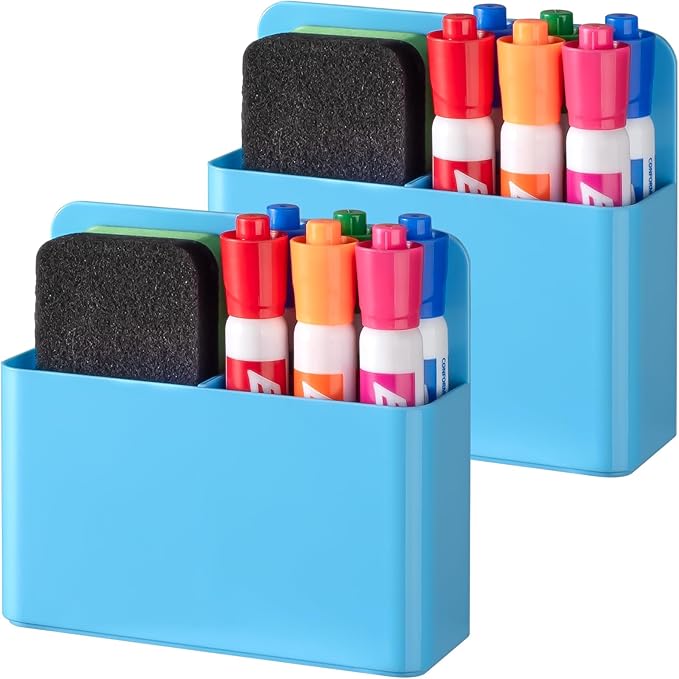 BEYGORM 2 Pack Plastics Magnetic Pen Holder for Refrigerator, Dry Erase Marker Holder for Whiteboard，Magnet School Locker Organizer Accessories, Pencil Cup, Pen Caddy, Classroom Organization(Blue)