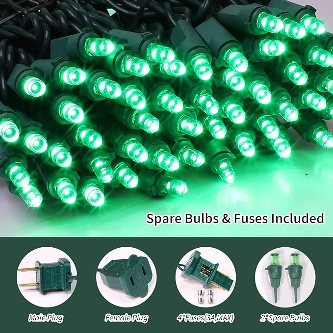 Green Wide Angle LED Christmas Lights, 64.8 Ft 300 Count, Pack of 3 Strands 21.9 Ft 100 Lights UL Certified Commercial Grade Green Wire 5mm Holiday String Light