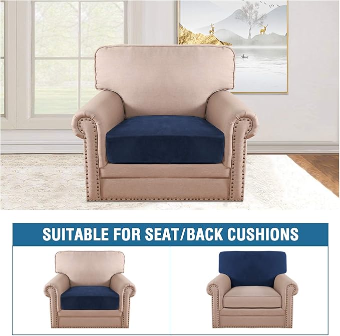 H.VERSAILTEX Velvet Stretch Couch Cushion Cover Plush Cushion Slipcover for Chair Cushion Furniture Protector Seat Cushion Sofa Cover (1 Piece Armchair Cushion Covers, Navy)