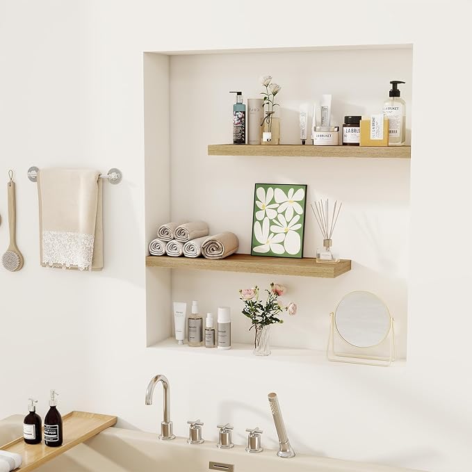 Fun Memories Floating Shelves for Wall, 22.5" Rustic Wood Deep Wall Mounted Shelves with Invisible Brackets for Decor & Storage, Floating Shelf for Living Room, Bathroom (Oak, Set of 2)