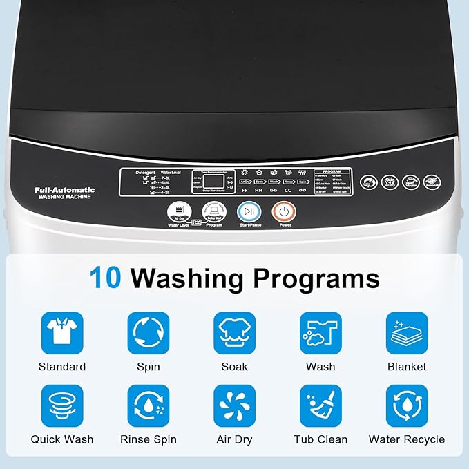 17Lbs Portable Washing Machine with10 Washing Programs, 2.2 Cu. Ft. Full Automatic Washer and Spinner Combo, Compact Laundry Washer Spinner for Apartment RV Dorm (2.2Cu. Ft)