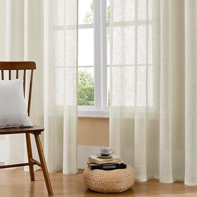 Joydeco Linen Curtains 96 Inch Length 2 Panel Sets,Light Filtering Curtains for Bedroom 52 Inch Wide Living Room Drapes with Back Tabs & Rod Pockets (W52 x L96 Inch, Beige)
