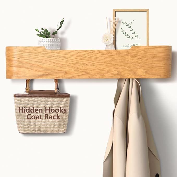 Coat Rack Wall Mount with Hidden Hooks Entryway Hanging Shelf Modern Wood Coat Hanger for Bedroom Kitchen Hallway Bathroom (Oak, 20.9 Inch Long)