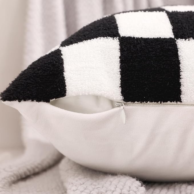 Alysheer Checkered Embroidered Decorative Throw Pillow Covers 18"x 18" Set of 2, Farmhouse Cottage Black White Plaid Tufted Patterned Cotton Canvas Cushion Case for Sofa Couch Bed Living Room