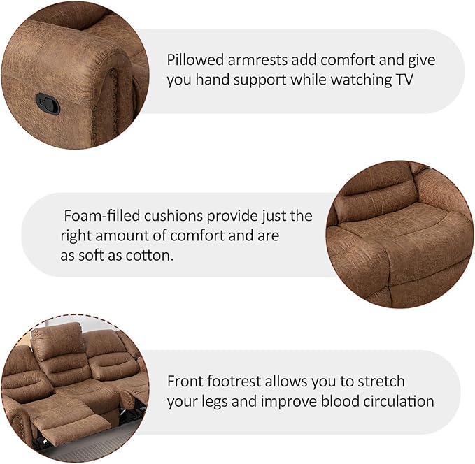 CANMOV Faux Leather Manual Reclining Sofa,3 Seat Recliner Couch Sofa with Overstuffed Comfortable Arms and Back for Living Room,Office,Nut Brown
