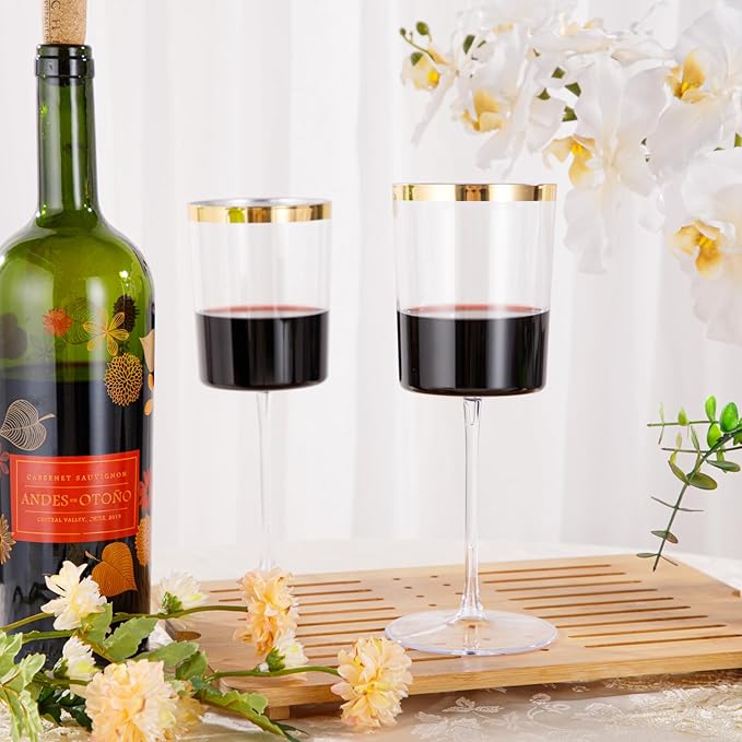 Ciaell 12 Pack Plastic Wine Glasses - 14 Oz Plastic Wine Glasses with Stem - Square Gold Disposable Stemmed Glass for Parties & Weddings & Outdoors & Thanksgiving