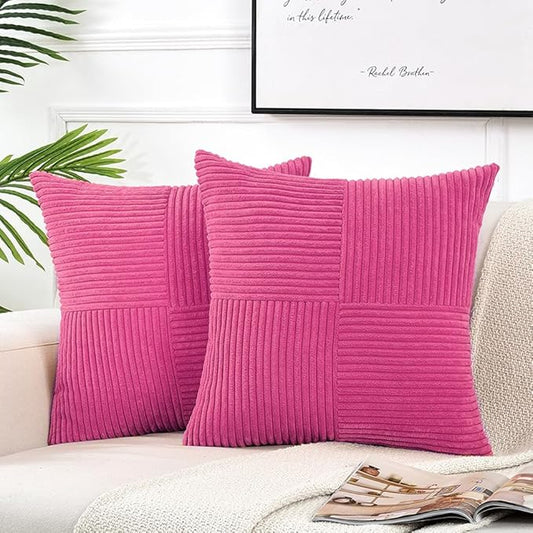 Fancy Homi 2 Packs Hot Pink Euro Decorative Throw Pillow Covers 26x26 Inch for Couch Bed Sofa, Rustic Farmhouse Boho Home Decor, Soft Corss Corduroy Patchwork Textured Square Cushion Case 66x66 cm