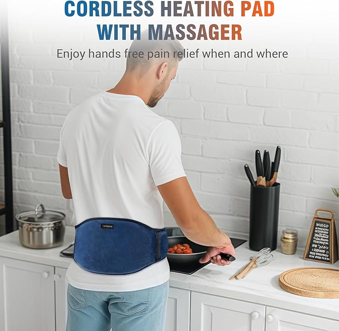 Comfytemp Cordless Portable Heating Pad with Massager for Back Pain Relief for Cramps and Menstrual,Lower Back Massager with 3 Heat, Auto-Off, Heated Waist for Abdominal Gift for Mom