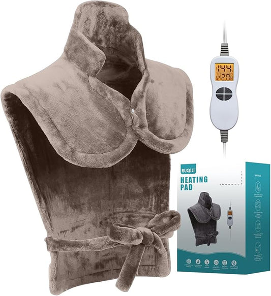 26" x 35" Flannel Neck&Shoulder&Back Heating Pad with 12 Temperature Settings&Countdown Timer, Pain Relief for Back/Neck/Shoulders/Menstrual Pain, Christmas Gifts for Women Men Mom Dad(Light Tan)