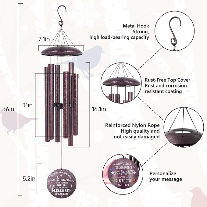 ASTARIN 36" Large Deep Tone Personalized Sympathy Wind Chimes, Memorial Wind Chime for Loss of Mother Father Loved One, Bereavement Gifts Decor Outdoor Patio Garden Graveyard
