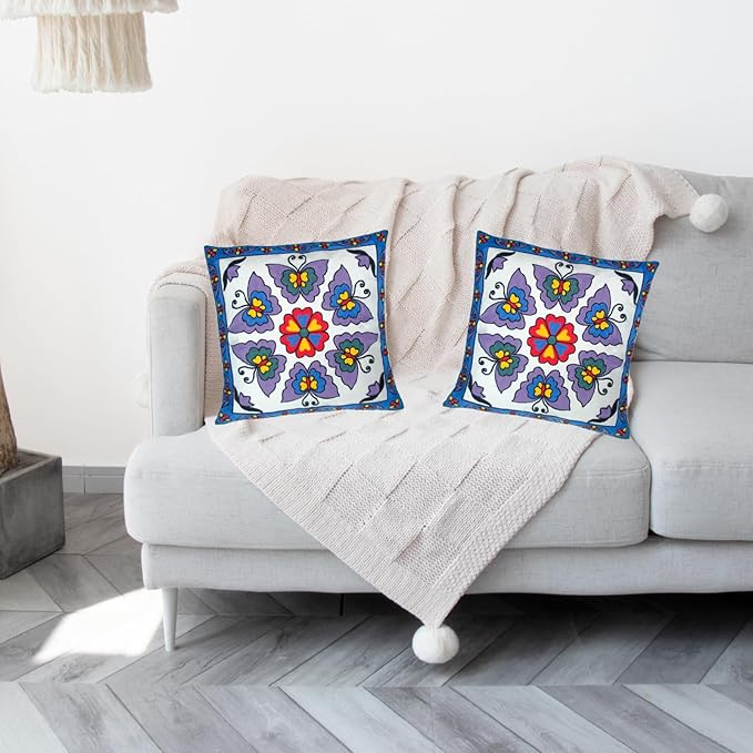 Embroidered Decorative Throw Pillow Cover, 18"x18" Set of 2, Farmhouse Pillowcase Purple Butterfly Knit Pattern Cotton Canvas Cushion Case Square Floral Pillow Case for Sofa Couch Bed Living Room