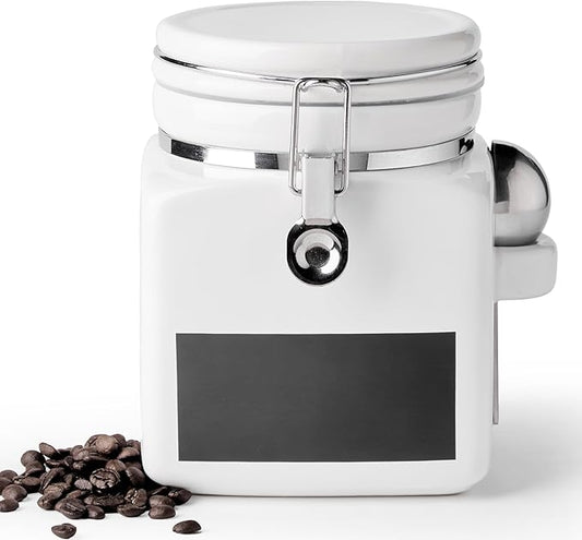 Ceramic Coffee Canister with Airtight Lid and Scoop, Large 74 Fl Oz / 2.2 L Kitchen Food Storage Container Jar for Grounds Coffee, Beans, Tea, Sugar, Flour, Cereal, Nuts, Cookie, White