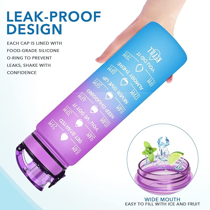 Enerbone Water Bottle, Leakproof BPA & Toxic Free, Motivational Water Bottle with Times to Drink and Straw, Fitness Sports Water Bottle with Strap for Office, Gym, Outdoor Sports