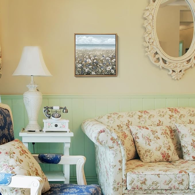 amatop Framed Wall Art Bathroom Décor Boho Beach Coastal Vintage Floral Wall Picture Flower Daisy Flowers by Sea Canvas Print Nautical Small Artwork For Home Farmhouse Living Room Bedroom Office