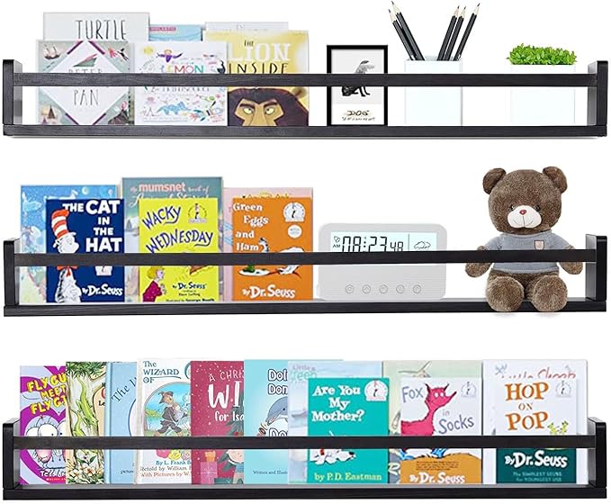AZSKY Black Nursery Bookshelves for Wall Hanging Kids Bookshelf Baby Book Shelf Organizer Wall Bookshelves Kids Shelves and Storage for Wall Playroom Shelves 36 Inch a Set of 3 Same Sizes