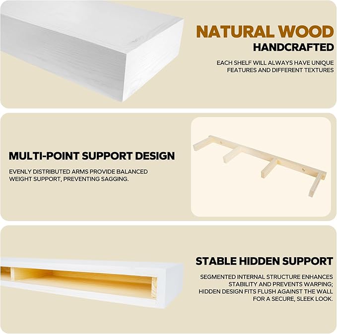 Floating Shelves 3 inch Thick for Wall Set of 2,Solid Pine Wood Wall Mount Shelf for Kitchen Living Room Bedroom Bathroom,8" D x 36" L x 3" H-White