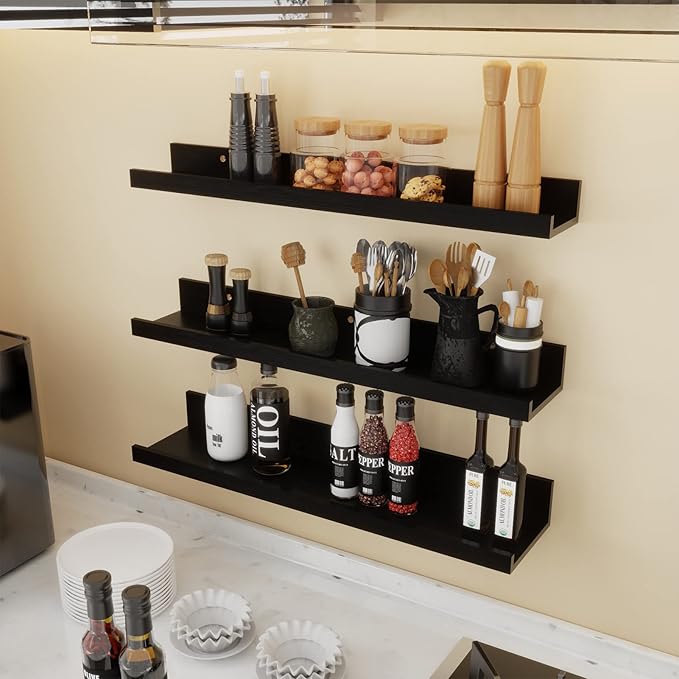 Giftgarden 24 Inch Black Floating Shelves Wall Mounted Woodgrain Picture Ledge Shelf for Storage Bedroom Bathroom Kitchen Living Room Office, Set of 3 Different Sizes