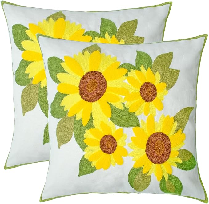 Embroidered Decorative Throw Pillow Cover, 18"x18" Set of 2, Farmhouse Pillowcase Yellow Sunflower Knit Pattern Cotton Canvas Cushion Case Square Floral Pillow Case for Sofa Couch Bed Living Room