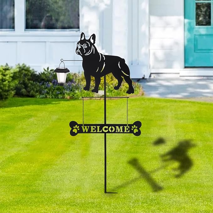 BAYN Solar French Bulldog Silhouette Dog Breed Welcome Sign with a Lantern Outdoor Decorative Garden Stakes for Yard, Lawn, Patio, Pathway